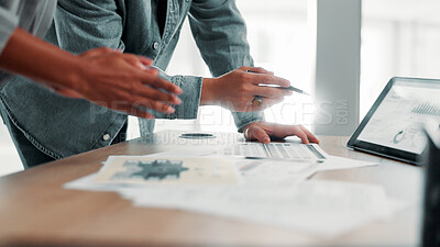 Buy stock photo Collaboration, documents and tablet screen with business people closeup in office for annual report. Data, finance and infographic with employee team in workplace for feedback, review or statistics