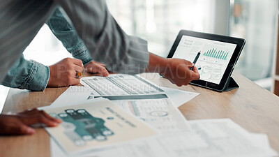Buy stock photo Collaboration, data and tablet screen with business people closeup in office for annual report. Documents, finance and infographic with employee team in workplace for feedback, review or statistics