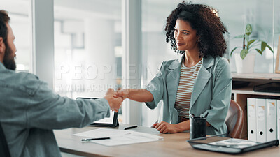 Buy stock photo Contract, handshake and interview with business people in office for accounting or finance recruitment. Hiring, meeting or onboarding with human resources manager and candidate shaking hands at work