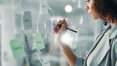 Buy stock photo Sticky note, writing and hand of business woman for planning by glass board, agenda or tasks for project goal. Info, research and person with mindmap, strategy or mission at digital marketing startup