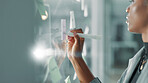 Business woman, sticky note and writing by glass with mission, ideas or strategy for financial planning. Research, information or checklist for budget, funding or finance solution with agenda