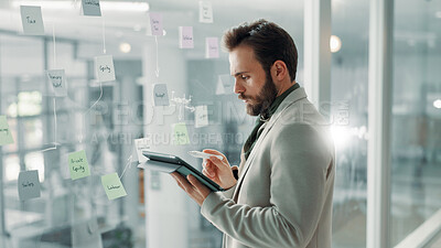 Buy stock photo Businessman, tablet and glass board with research for ideas, strategy and financial planning mindmap, Digital, information or online checklist for budget, funding or finance solution in workplace