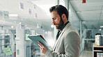 Businessman, tablet and window with research for ideas, strategy and financial planning mindmap, Digital, info on glass board or online checklist for budget, funding or finance solution in workplace