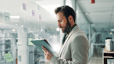 Buy stock photo Businessman, tablet and window with research for ideas, strategy and financial planning mindmap, Digital, info on glass board or online checklist for budget, funding or finance solution in workplace