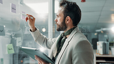 Buy stock photo Businessman, tablet and window with research for mindmap, strategy and financial planning ideas. Digital, info on glass board or online checklist for budget, funding or finance writing on sticky note