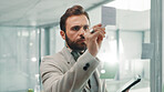 Business man, sticky note and writing by glass with tablet, ideas or strategy for financial planning with online research, Digital, information or checklist for budget, funding or finance solution