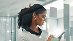 Business, glass wall and woman in office, tablet and connection for stock exchange. Person, investor and employee in workplace, technology and research for revenue stats, profit growth and accounting