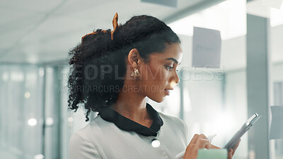 Buy stock photo Business, glass wall and woman in office, tablet and connection for stock exchange. Person, investor and employee in workplace, technology and research for revenue stats, profit growth and accounting