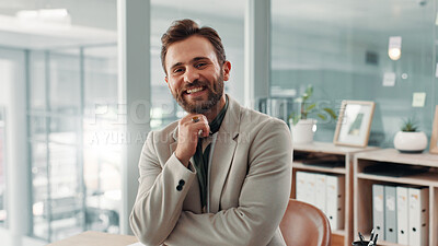 Buy stock photo Business, man and happy with portrait in office for payroll management, career confidence and about us. Accountant, professional and smile at accounting firm for financial development and opportunity