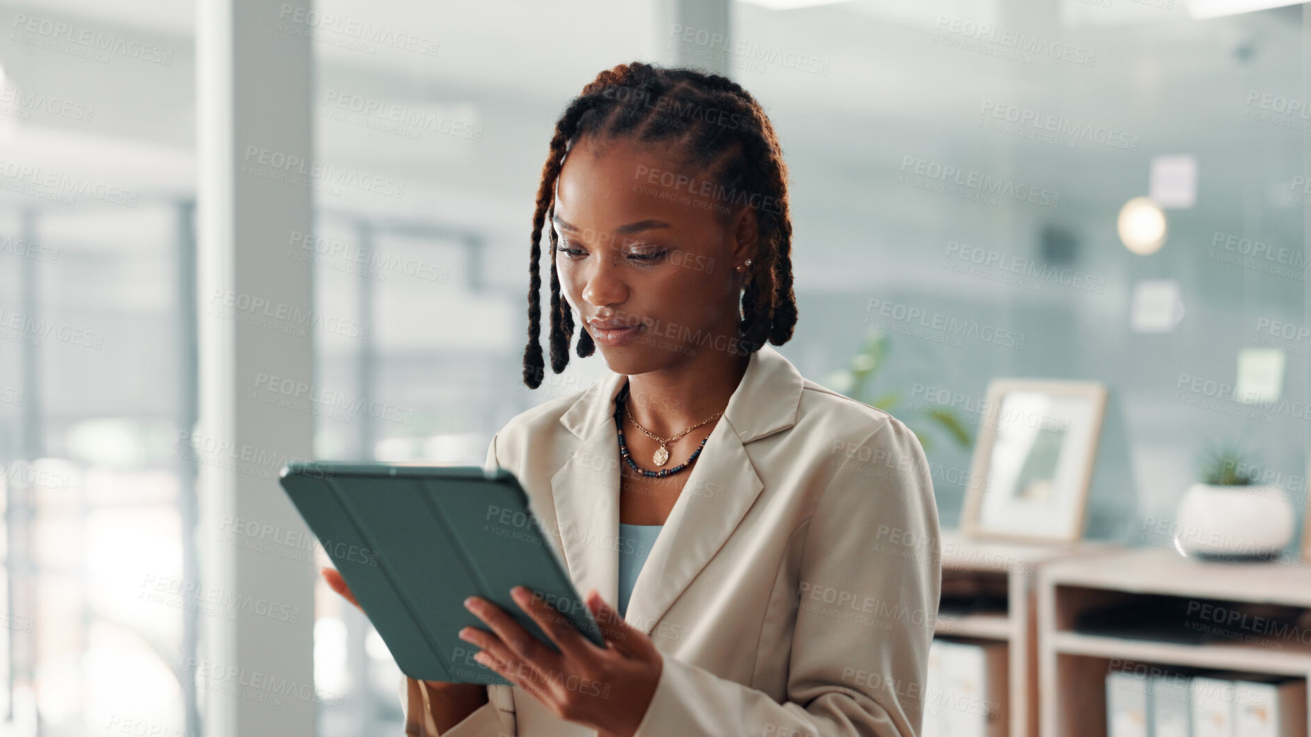 Buy stock photo Office, black woman and research with tablet for website, digital agency and connection for email. Workplace, female person and consultant with technology for startup information, business and report