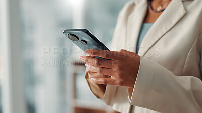 Buy stock photo Hands, phone and business woman typing for communication, internet connection or networking. Employee, person and technology for marketing email, search and planning online with access and space