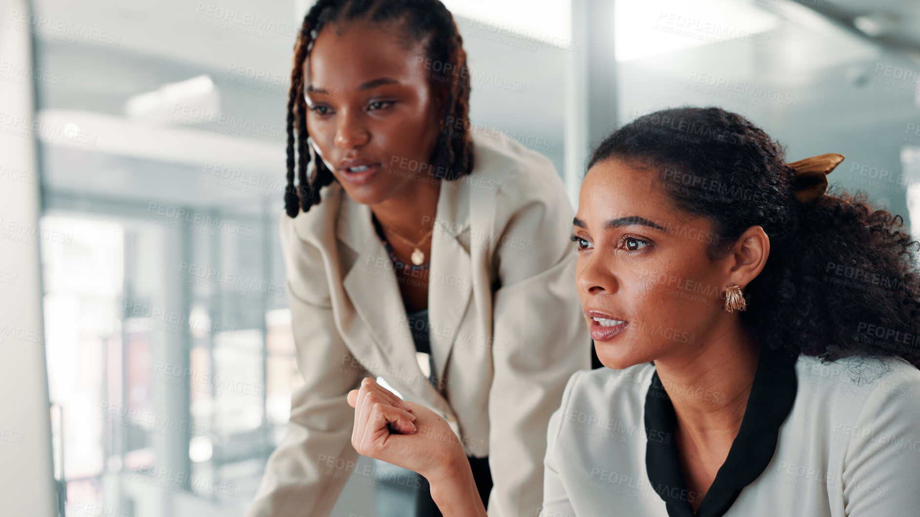 Buy stock photo Women, business and computer with team in office, info or research for SEO project. Branding, strategy and website review or analysis with digital marketing collaboration, colleagues and meeting