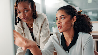 Buy stock photo Women, business and computer with advice or training, information or research for SEO team task. Branding, strategy and website explanation with digital marketing coaching, colleagues and meeting