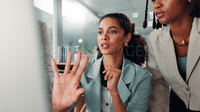 Buy stock photo Women, business and computer with advice or discussion, information or research for SEO team task. Branding, strategy and website explanation with digital marketing training, colleagues and meeting
