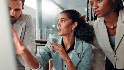 Buy stock photo People, business and computer with advice or training, information or research for SEO team task. Branding, strategy and website explanation with digital marketing coaching, colleagues and meeting