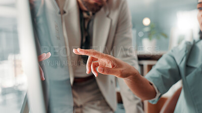 Buy stock photo Computer, pointing or hands of business people with teamwork for info, research or SEO project. Branding, training or feedback review with digital marketing collaboration, screen or website analysis