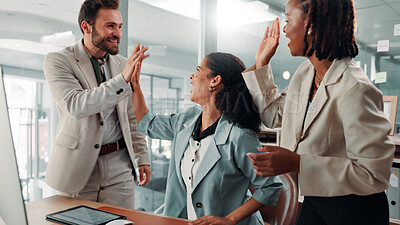 Buy stock photo High five, business people and support with celebration for winning, funding or positive review with growth at office. Happy, man and women with partnership, success and finance feedback for project