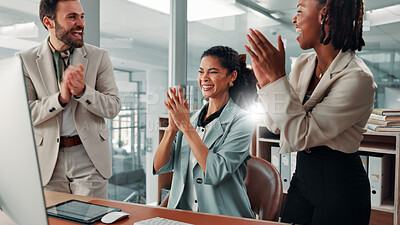 Buy stock photo Applause, business people and support with celebration for winning, funding or positive review with growth at office. Happy, man and women with partnership, success and finance feedback for project
