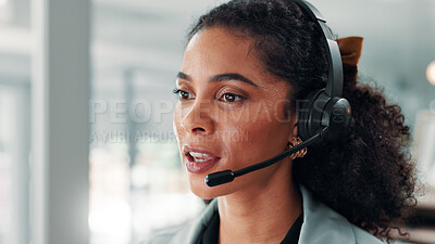 Buy stock photo Call center, mic and woman with communication, contact us and CRM for customer service or help desk. Female consultant, conversation and headset with online support, advice or assistance for telecom