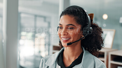 Buy stock photo Business, woman and callcenter agent with smile for customer service, mic and operator for help desk. Communication, contact us with African consultant at computer for telecom or outbound phone call