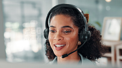 Buy stock photo Woman, headset and callcenter agent in office with face, microphone and telemarketing business. Communication, contact us with African female sales consultant and telecom agency, smile and phone call