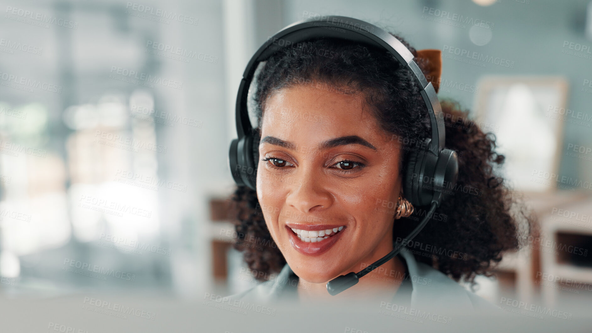 Buy stock photo Woman, headset and callcenter agent in workplace with face, mic and telemarketing business. Communication, contact with African sales consultant and telecom agency, smile and outbound phone call