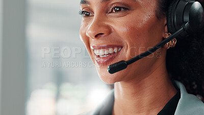 Buy stock photo Mouth, mic and woman at call center for communication, CRM and contact us for customer service or help desk. African consultant, talk and headset with online support, advice or assistance for telecom