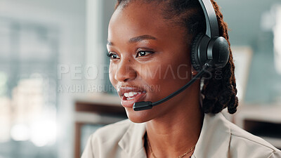 Buy stock photo Black woman, mic and call center for communication, CRM and contact us for customer service or help desk. African consultant, talk and headset with online support, advice or assistance for telecom