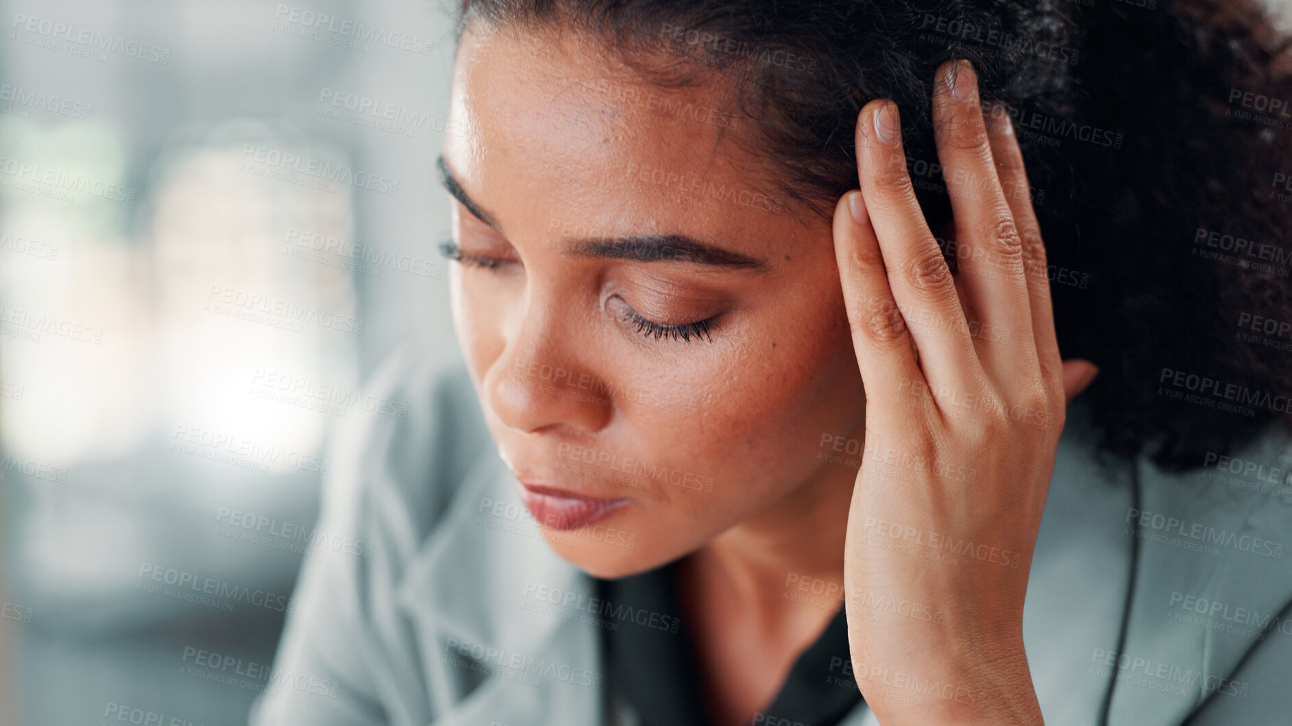 Buy stock photo Business woman, headache or burnout at office with mental fatigue, brain fog or vertigo issue. Dizzy, pain and migraine for overworked, overwhelmed and tired female employee with pressure or tension