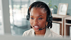 Black woman, headset and callcenter agent in office, with mic for outbound phone call or telemarketing. Business, communication and contact with African sales consultant on computer for telecom
