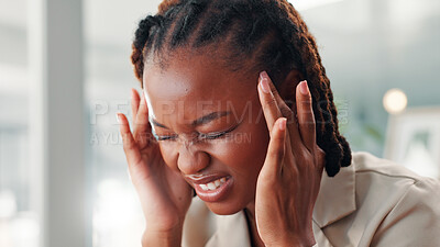 Buy stock photo Business black woman, headache or burnout at office with mental fatigue, brain fog or vertigo. Dizzy, pain and migraine for overworked, overwhelmed and tired female employee with pressure or tension