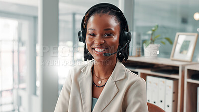 Buy stock photo Black woman, portrait and call center for communication, CRM and contact for customer service or help desk. African consultant, mic and headset with online support, advice or assistance for telecom