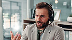 Business, man or call center agent with finance advice, customer service, loan help or computer. Communication, contact us or financial consultant with headset for telecom, CRM or outbound assistance