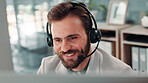 Man, headset and callcenter agent in office with microphone for outbound phone call or telemarketing. Business, communication and contact with sales consultant on computer for telecom in London