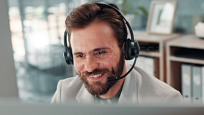 Buy stock photo Man, headset and callcenter agent in office with microphone for outbound phone call or telemarketing. Business, communication and contact with sales consultant on computer for telecom in London