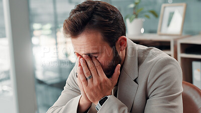 Buy stock photo Business man, headache or burnout at office with mental fatigue, brain fog or vertigo issue. Dizzy, pain and migraine for overworked, overwhelmed and tired male employee with pressure or eye strain
