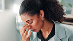 Businesswoman, headache or burnout in office with mental breakdown, brain fog or debt crisis. Dizzy, tired or overworked financial accountant overwhelmed with pressure, migraine pain or eye strain