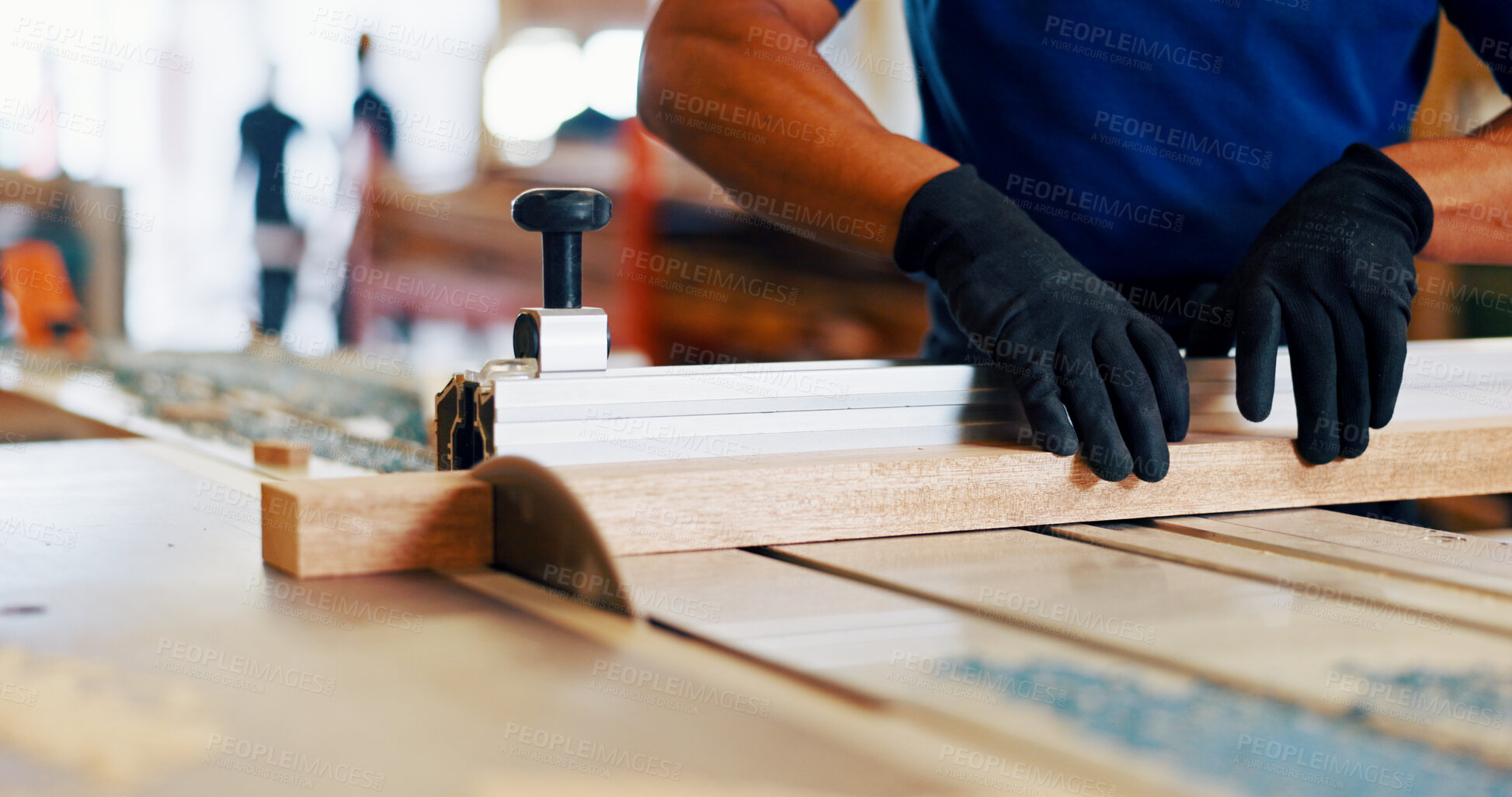 Buy stock photo Woodwork, equipment and hands in workshop for project, manufacturing or process in industry. Artisan, closeup and carpenter with timber material for craft, small business or furniture production.