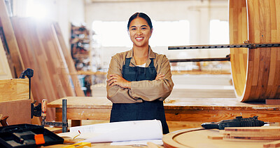 Buy stock photo Arms crossed, carpentry and portrait with woman in workshop for manufacturing or production process. Design, industry and plans with carpenter in woodworking studio for craftsmanship or manual labor