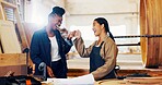 Fist bump, women and woodworker with client in workshop for furniture, process or manufacturing. Happy, partnership and female artisan with customer in warehouse for timber material production.