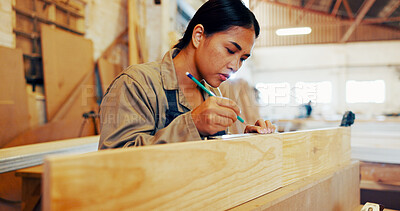 Buy stock photo Carpentry, marking and measure with woman in workshop for manufacturing or production process. Design, drawing and pencil with carpenter in woodworking studio for craftsmanship or manual labor