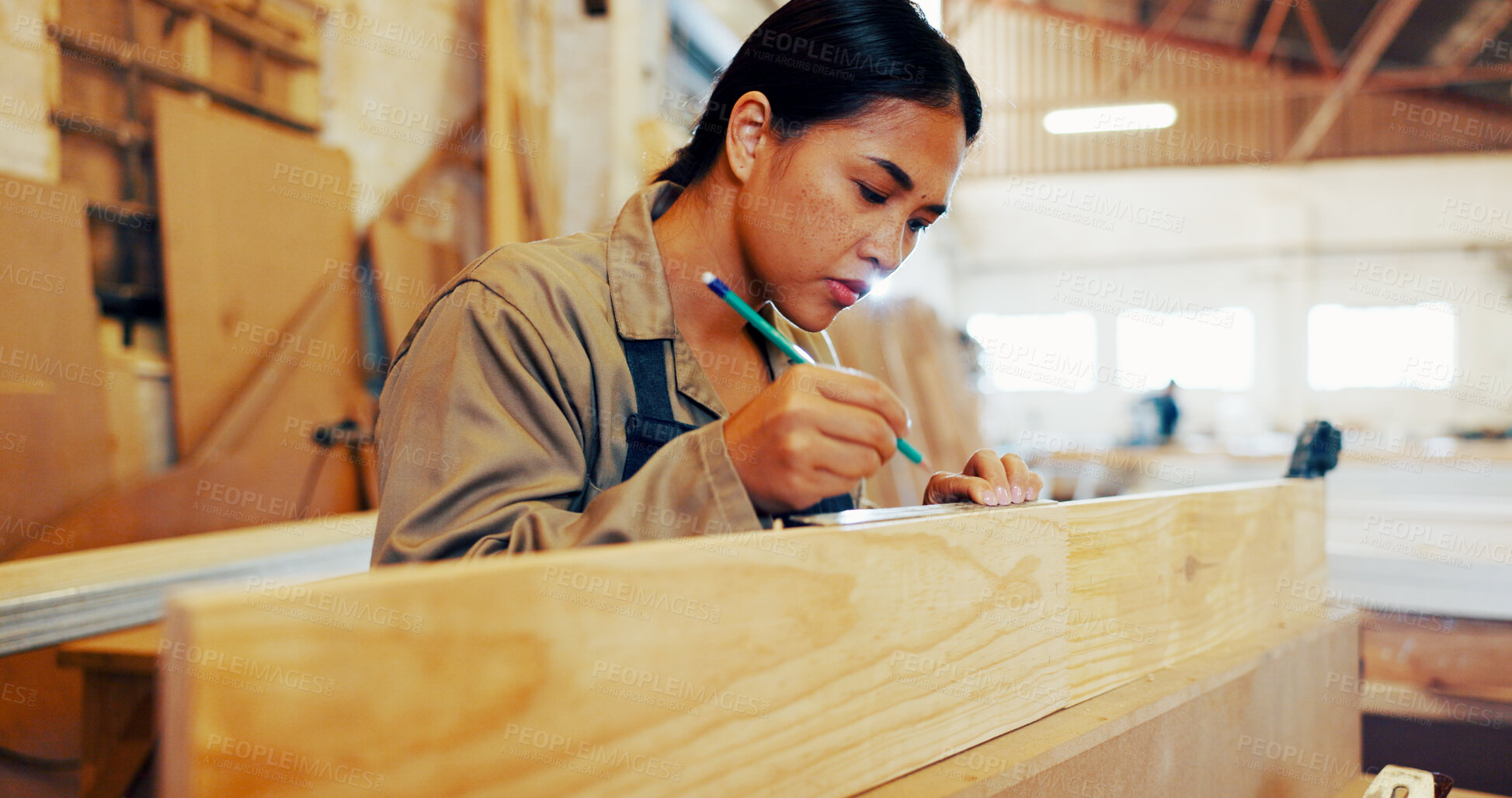 Buy stock photo Carpentry, marking and measure with woman in workshop for manufacturing or production process. Design, drawing and pencil with carpenter in woodworking studio for craftsmanship or manual labor