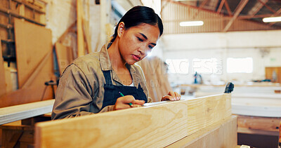 Buy stock photo Carpentry, industry and measure with woman in workshop for manufacturing or production process. Creative, design and pencil with carpenter in woodworking studio for craftsmanship or manual labor
