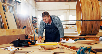 Buy stock photo Carpentry, industry and writing with man in workshop for manufacturing or production process. Creative, design and drawing with carpenter in woodworking studio for craftsmanship or manual labor