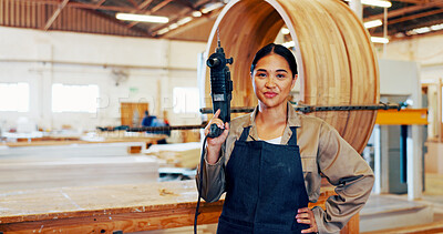 Buy stock photo Carpentry, drill and portrait with woman in workshop for manufacturing or production process. Creative, design and power tools with carpenter in woodworking studio for craftsmanship or manual labor
