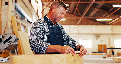 Buy stock photo Carpentry, industry and measurements with man in workshop for manufacturing or production process. Creative, design and quality control with carpenter in woodwork studio for crafting or manual labor