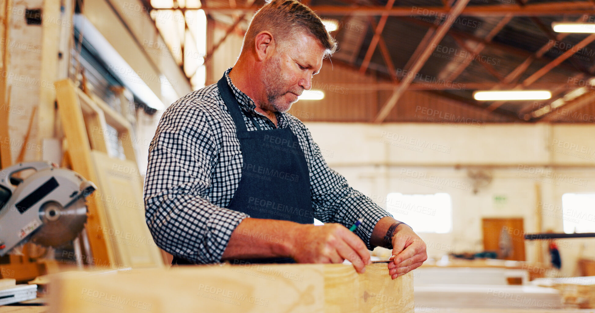 Buy stock photo Carpentry, industry and measurements with man in workshop for manufacturing or production process. Creative, design and quality control with carpenter in woodwork studio for crafting or manual labor