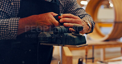 Buy stock photo Carpentry, hands and sander with man in workshop for manufacturing or production process. Creative, design and power tools with carpenter closeup in woodwork studio for craftsmanship or manual labor