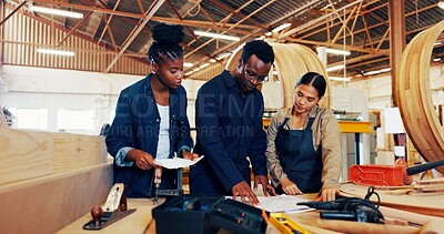 Buy stock photo People, wood and documents with meeting at warehouse for planning, design or review with leader at plant. Man, women and paperwork with feedback, manufacturing or collaboration at industrial workshop