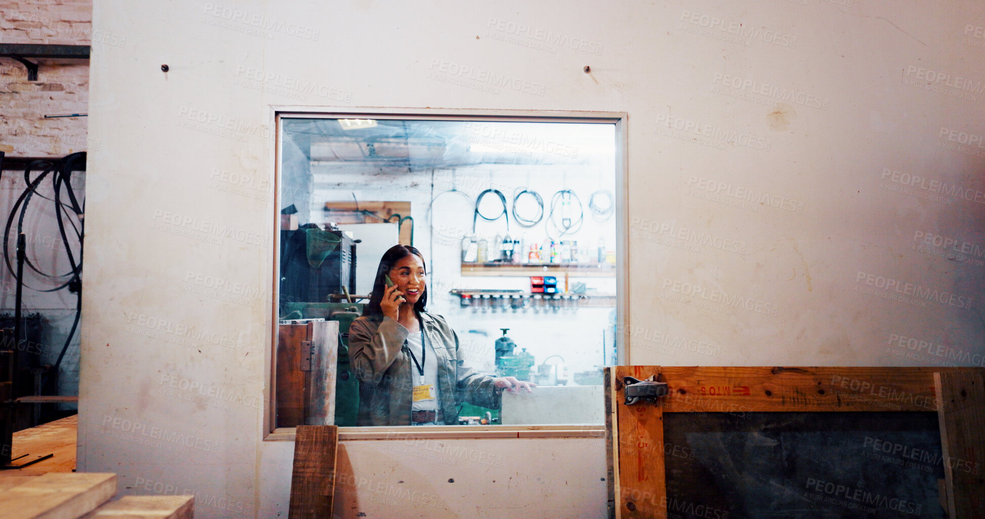 Buy stock photo Phone call, carpenter and woman with smile, talking or consultation for furniture prices or order. Glass, woodworker and communication with contact for service, happy or negotiation for fee with tech